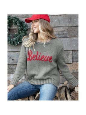Wooden Ships Gray Knit Sweater with Red "Believe" Script